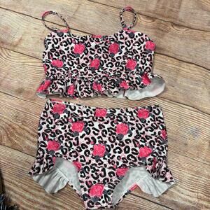 Ruffle Girl Size 7 Retro High-Waisted Leopard Rose Print Two-Piece Swimsuit